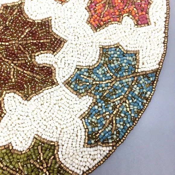 x2 Tahari Fall Maple Leaves Beaded Placemat Set Orange Blue Green Decor 14
